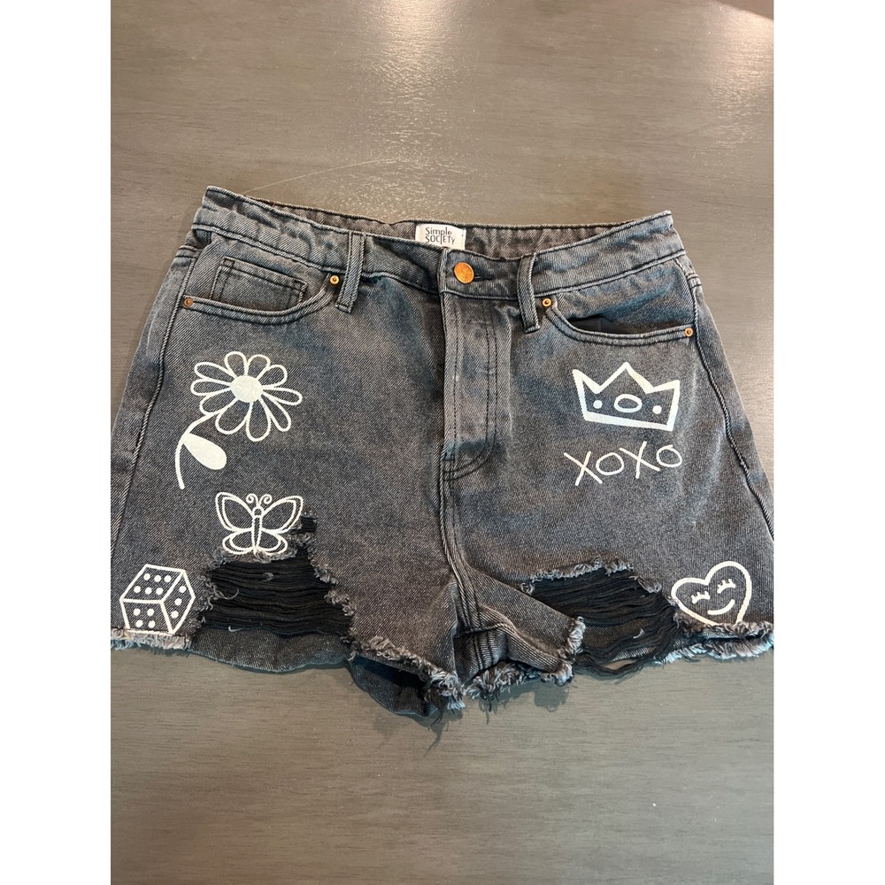 Simple Society Juniors Black Denim Distressed Shorts White Graphics Crown Size 7